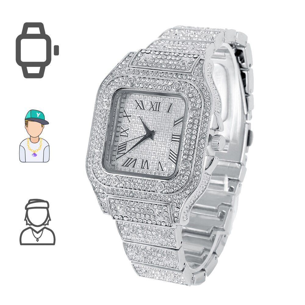 힙합 아이스 아웃 남자 시계 광장 다이아몬드 쿼츠 럭셔리 망 손목 시계 골드 로마 달력 스틸 시계 시계 쥬얼리